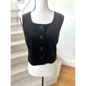 Vintage Express Brown Black Leopard Velvet Square neck Button Front Vest
